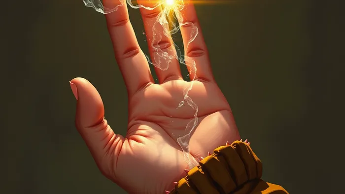 Рука тянется к бокалу, из которого появляются тени арканов Таро Дьявол, Башня и Суд, символизирующие саморазрушение. Вдали светит фонарь аркана Отшельник.