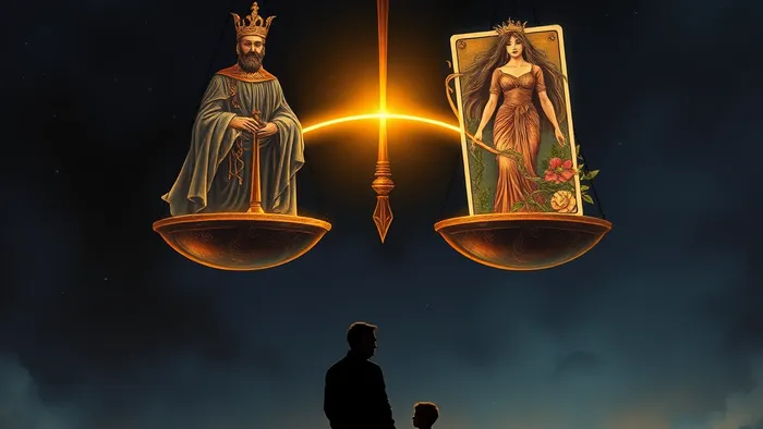 Символическое изображение баланса в воспитании: весы в звездном небе с фигурами Императора (кристальная строгость) и Императрицы (цветущая мягкость), соединенные мостом. Внизу — силуэты родителя и сына.