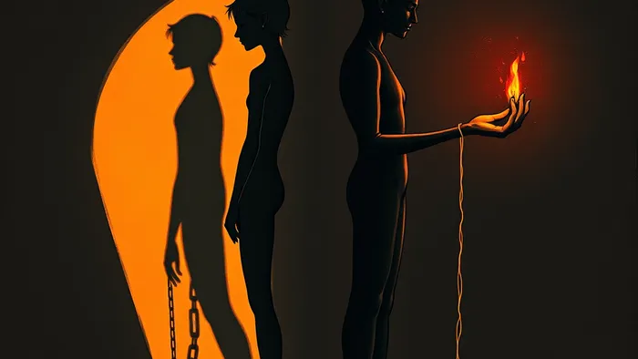 Символическое изображение архетипа Тени: две фигуры и их тени, иллюстрирующие концепцию сценария личности Дьявол из Таро и его связь с юнгианской психологией.