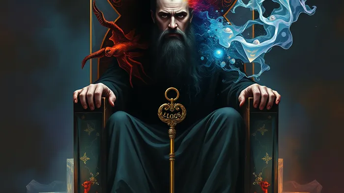 Концептуальное изображение архетипа Императора: фигура на кристаллическом троне, внутри которого видны эмоции и тени. Символизирует конфликт между контролем и внутренним хаосом.