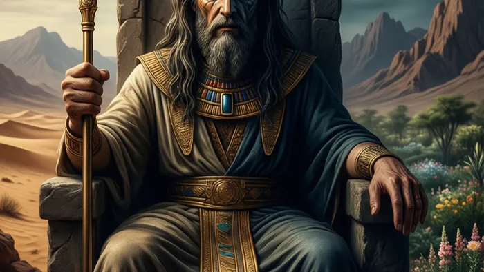 Символический портрет архетипа Императора: фигура на троне-скале, разделённая светом контроля и тенью подавленных чувств, на фоне перехода от пустыни к саду.