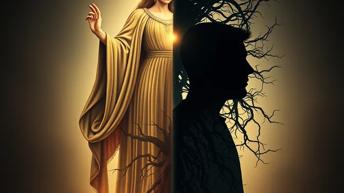 Символическое изображение архетипа Императрицы из Таро, сливающегося с человеческой тенью: светлая сторона — плодородие и изобилие, теневая — удушающие корни контроля и пассивности.