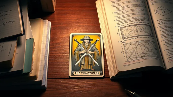 Символическое изображение выбора студента: учебники и тетрадь с одной стороны, задачник олимпиадных задач с другой, а в центре — карта Таро '2 Мечей' как знак затруднения и необходимости решения.
