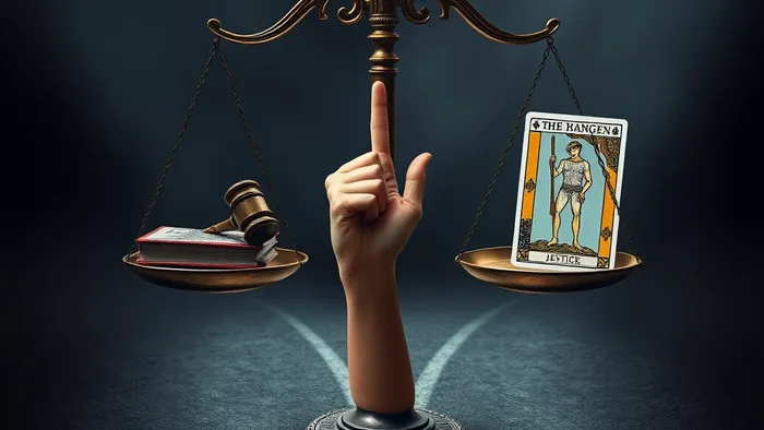 Весы Правосудия на перекрестке двух дорог: одна с юридическими атрибутами, другая с картой Таро Повешенный. Символический выбор между обжалованием решения суда и принятием ситуации.
