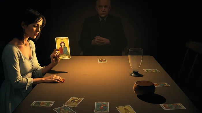 Символичное изображение женщины, использующей карту Таро 'Сила' для сохранения спокойствия за столом, где присутствуют критикующая свекровь и 'прозрачный', невмешивающийся муж. На столе разбросаны другие карты, символизирующие динамику конфликта.