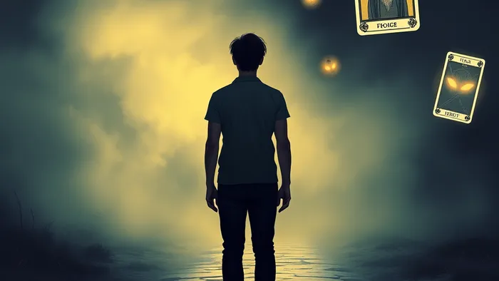 Символическое изображение выбора перед свиданием вслепую: человек на перекрестке, окруженный парящими картами Таро (Шут, Влюбленные, Отшельник), между путем света и путем тайны.