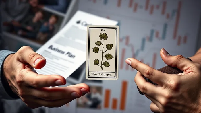 Символическое изображение дилеммы: рука сына с бизнес-планом и рука родителя с кошельком, между ними карта Таро Двойка Пентаклей как символ выбора и баланса.