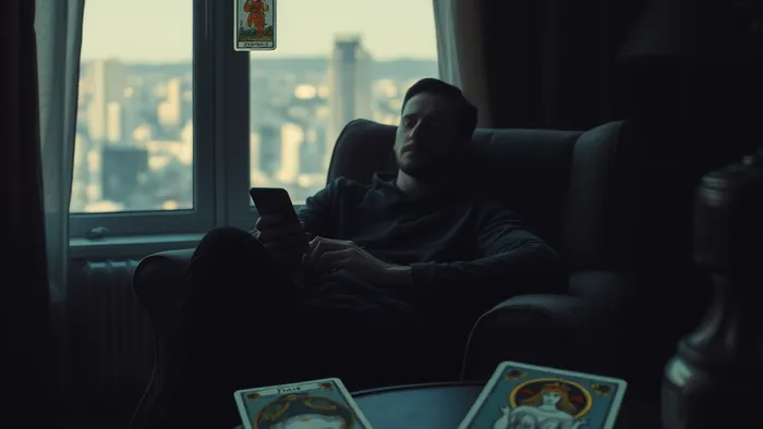 Символическое изображение мужчины 30 лет в уютной гостиной. За окном — размытый яркий город. В воздухе светится карта Таро Четверка Пентаклей, на столе лежит перевернутая Императрица. Комфорт и стагнация.