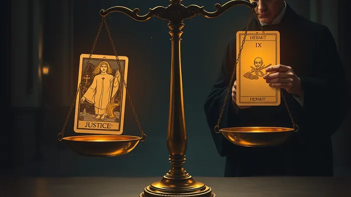 Сюрреалистическое изображение: весы правосудия в зале суда балансируют карты Таро "Правосудие" и "Отшельник", которые держит фигура адвоката. Символическое сочетание закона и внутреннего поиска.