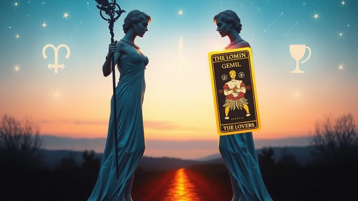 Символическое изображение энергии Близнецов в Таро для апреля: две mirrored фигуры на перекрёстке путей, освещённых жезлом Меркурия и картой Влюблённые на фоне звёздного апрельского неба.