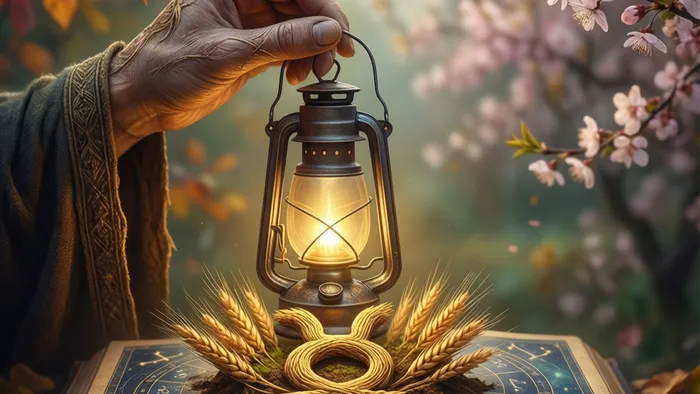 Символическое изображение связи аркана Отшельник из Таро и знака Зодиака Дева на фоне перехода от осени к весне, символизирующего март.