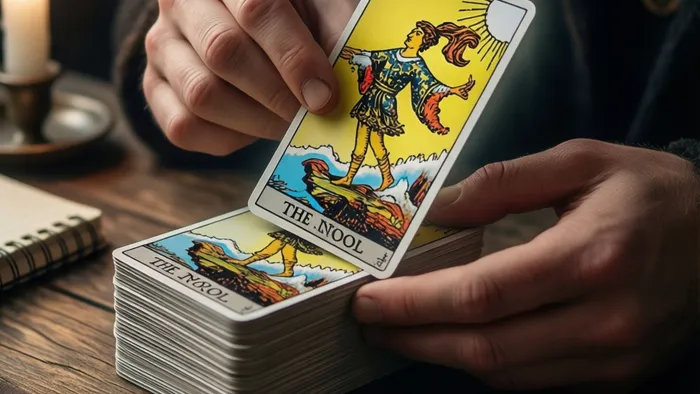 Руки новичка держат колоду карт Таро, вытаскивая Аркана Шута. На столе свеча и блокнот для записей.