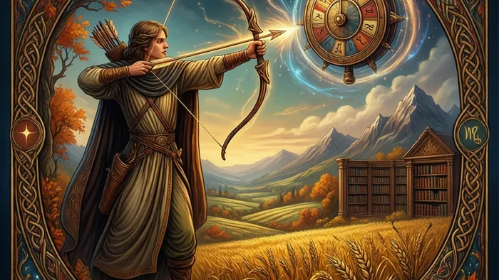 Уникальная карта Таро для знака Стрелец: лучник-философ целится стрелой в Колесо Фортуны на фоне осенних полей и гор. Символы Юпитера и зодиакального Стрельца.