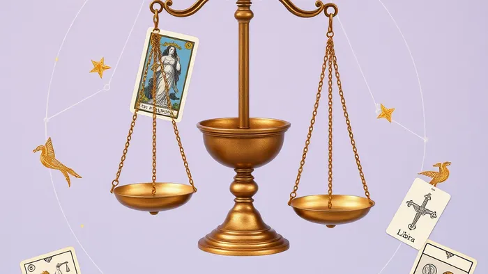 Символическая коллажная иллюстрация: весы Таро, знак Венеры и созвездие Весов на фоне арканов Императрица и Двойка Мечей. Тема баланса и выбора.