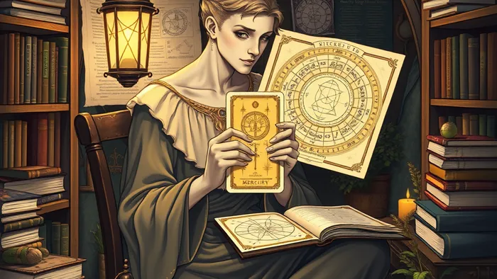 Символическое изображение знака Дева в уединенном кабинете, внимательно изучающего карту Таро Отшельник при свете его фонаря, окруженный астрологическими картами и символами Меркурия.
