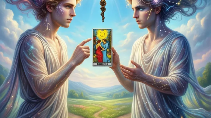 Символическое изображение Близнецов на перепутье между арканами Таро Влюблённые и Колесница под знаком Меркурия на фоне майского неба.