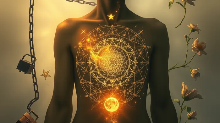 Символическое изображение человека с картой созвездий и символов Таро внутри груди, представляющее работу с эмоциональными блоками через архетипы.