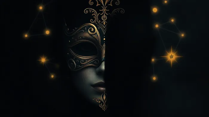 Символическое изображение концепции истинного лица в Таро: лицо человека, наполовину закрытое маской, наполовину сливающееся с тенью, на фоне созвездий в форме Старших Арканов.