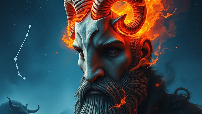 Символическое изображение: знак Овна из огненных углей на лице карты Таро Император на фоне звездного январского неба с созвездием Козерога.