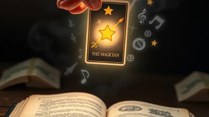 Символическое изображение для статьи о Таро и поиске таланта: рука держит светящуюся карту Таро, от которой исходит свет, порождающий полупрозрачные образы различных инструментов творчества и ремесла над открытой книгой.