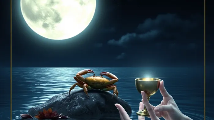 Мистическое изображение: карта Луны Таро светится в ночном небе над мартовским морем. Краб (символ Рака) сидит на камне, а из воды появляются руки, предлагающие чашу (Туз Кубков).