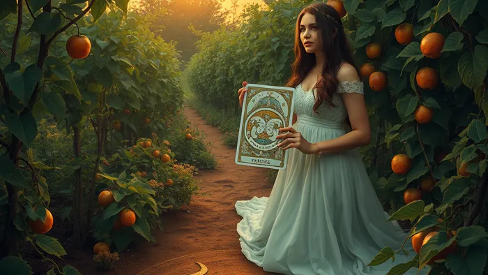 Символическое изображение связи Тельца и Таро в августе: сад, символ знака Телец и карта Девятка Пентаклей в лучах закатного солнца.