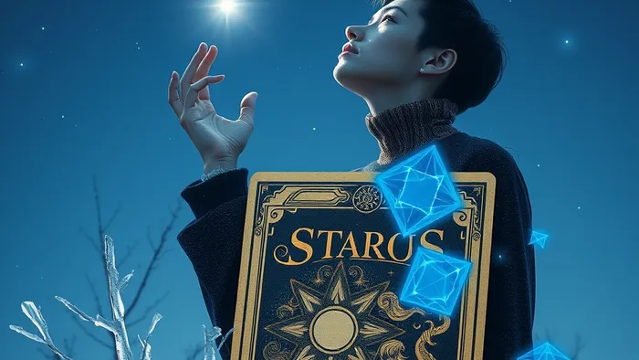 Символическое изображение связи знака Водолей и карты Таро 'Звезда' на фоне январского ночного неба с элементами геометрических узоров.