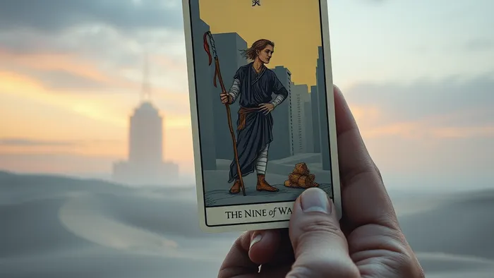 Концептуальное изображение: уставшая рука держит карту Таро '9 Жезлов', через которую просвечивает выжженный, безжизненный пейзаж, символизирующий эмоциональное выгорание.