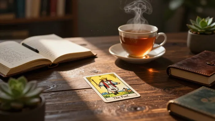 Карта Таро Дурак на рабочем столе с дневником и чашкой чая, символизирующая начало пути саморазвития