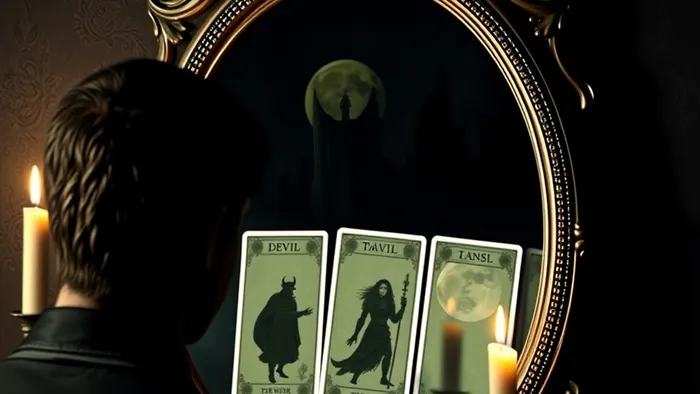 Символическое изображение работы с Тенью через Таро: человек смотрит в зеркало, в котором отражаются не его черты, а архетипические образы карт Таро, таких как Дьявол и Башня.