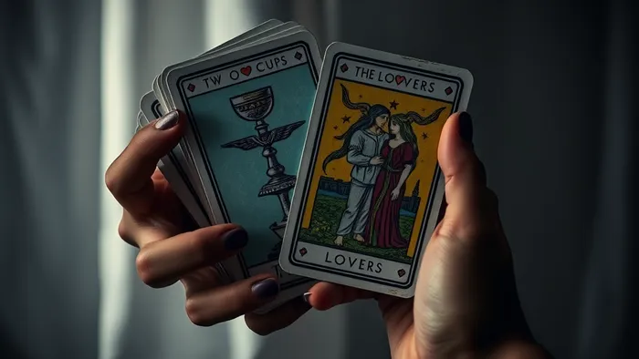 Крупный план рук, держащих колоду Таро, на переднем плане карты 2 Кубков и Влюбленные. Интимное, символичное изображение для статьи о Таро на отношения.