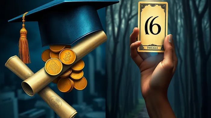 Символическое изображение дилеммы: диплом из золотых монет и карта Таро Шестерка Пентаклей на фоне города и леса знаний.