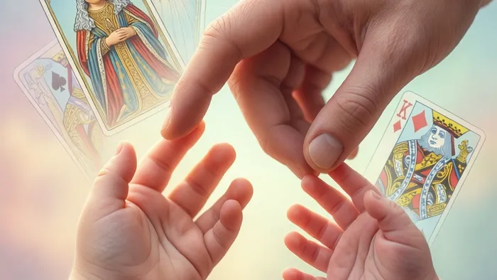 Символическое изображение материнской руки и двух детских рук на фоне арканов Таро, олицетворяющее баланс внимания между старшим и младшим ребенком.