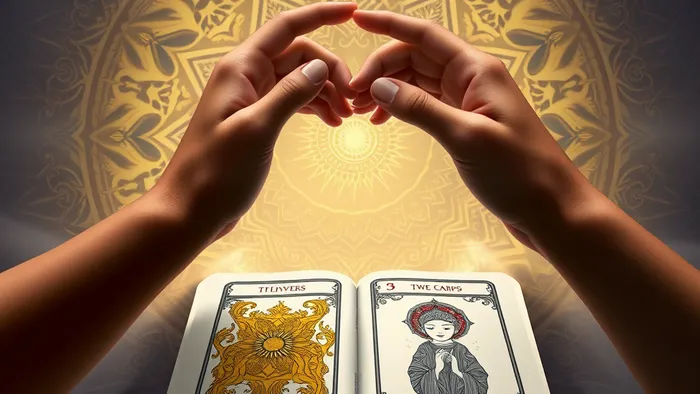 Символическое изображение межкультурных отношений через призму Таро: две руки на фоне открытой колоды карт и сливающихся орнаментов разных культур.