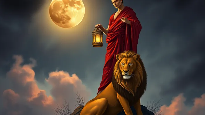 Символическая иллюстрация для Овна в ноябре: фигура на холме с фонарем (Отшельник) и укрощенный лев у ног (Сила) на фоне затменной луны.