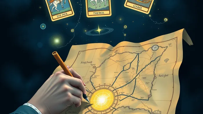 Символическое изображение расклада Таро 'План на жизнь': рука рисует сложную светящуюся карту на пергаменте, над которой парят карты Шут, Колесница и Звезда, освещая путь. Стиль — мистический и ясный.
