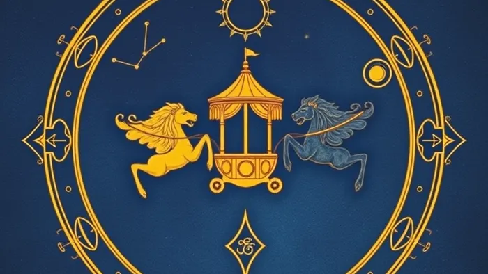 Символическая иллюстрация: карта Таро Колесница в центре, управляемая двумя противоположными существами на фоне созвездия Близнецов и планет. Стилизация под старинный астрологический атлас.