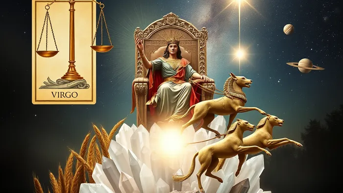 Символическая иллюстрация для таро-прогноза Девы на 2026 год: весы Правосудия над пшеничным полем, Император на троне из кристаллов и Колесница, мчащаяся к Звезде на фоне космоса с Меркурием и Сатурном.