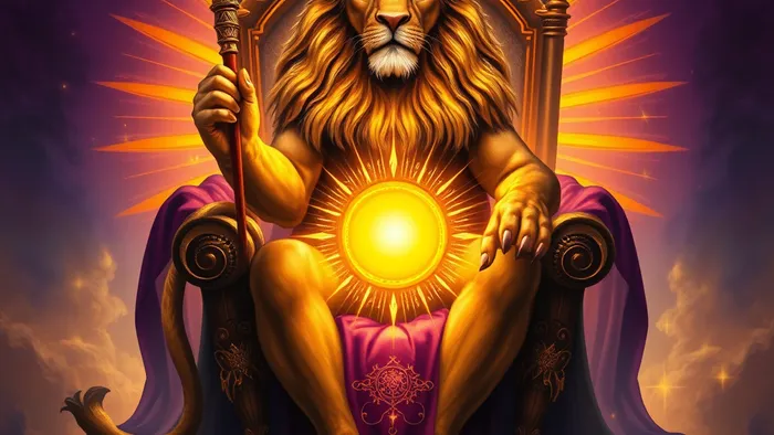 Символическое изображение Льва на троне, объединяющее арканы Император и Солнце из колоды Таро, окруженное другими картами. Год 2027.