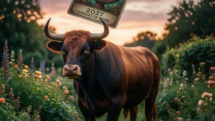 Символическое изображение года для Тельца: Бык в плодородном саду под колесом фортуны на фоне звездного неба.