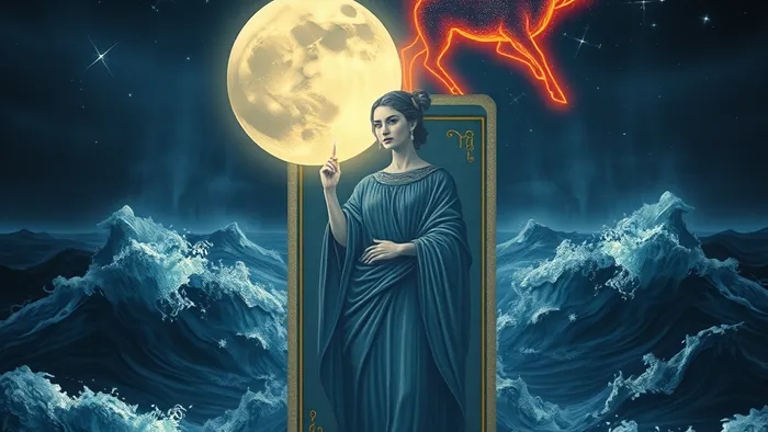 Символическое изображение связи Луны, карты Таро 'Жрица' и бурного мартовского неба, олицетворяющее тему 'Таро Рак март'.