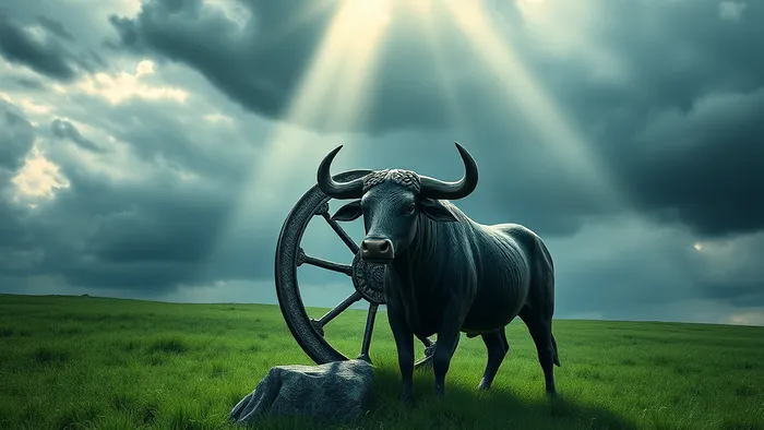 Символическое изображение Тельца в ноябре: каменное колесо судьбы на зеленом поле под динамичным небом, освещенное лучом света, рядом деревянная фигурка быка.