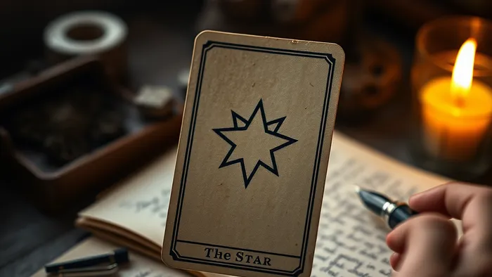 Рука держит карту Таро Звезда на фоне открытого дневника с рукописными заметками и горящей свечой - символ практики и интуитивного изучения.