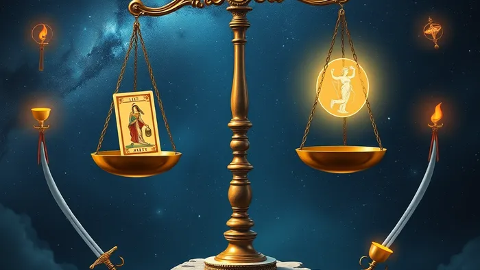 Символическое изображение знака Весов в космосе с картой Таро Справедливость и планетой Венера, окруженное арканами Мечей и Кубков.