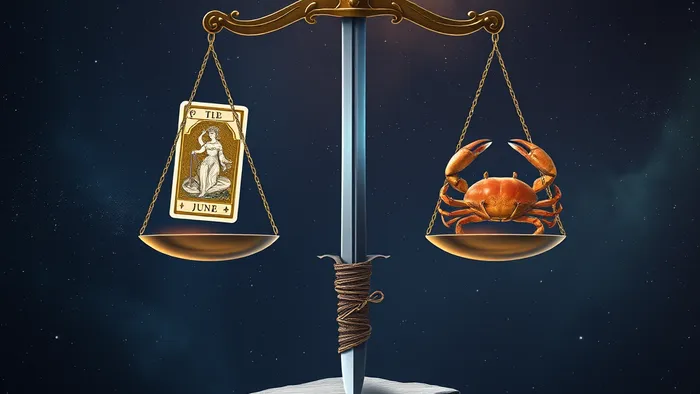 Символическое изображение весов Весов на фоне звездного неба июня: на одной чаше карта Таро Правосудие, на другой — символ Венеры, между ними — меч, обвитый символами Рака.