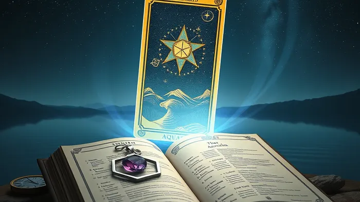Карта Таро Звезда и серебряный амулет с символами Водолея на фоне звездного неба и древней книги с астрологическими схемами.