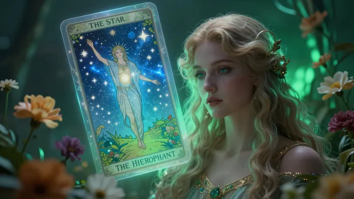 Эзотерическая иллюстрация: знак Водолея, карты Таро Звезда и Иерофант на фоне весенней природы и звездного неба.