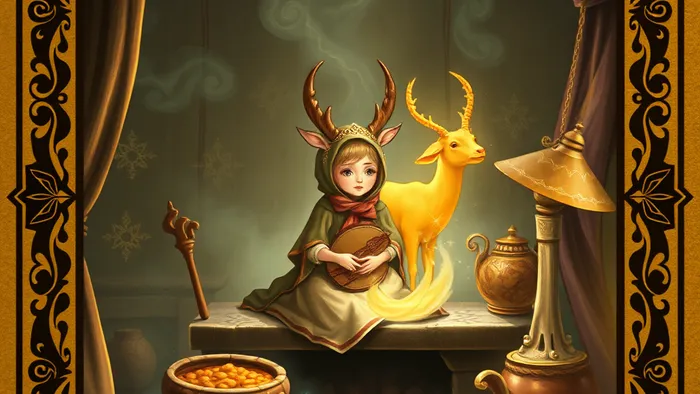 Художественное изображение карты Таро из колоды «Золотая Антилопа»: Иванушка-дурачок на печи в окружении волшебных символов на фоне русского народного орнамента.