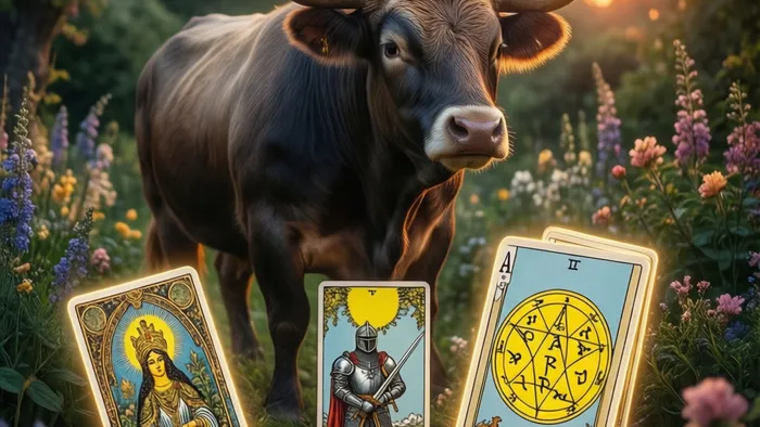 Символическое изображение связи Тельца и Таро: могучий бык в цветущем саду, у его ног светящиеся карты Императрица, Рыцарь Пентаклей и Туз Пентаклей.