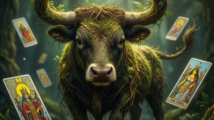 Символическое изображение знака Тельца, переплетённого с картами Таро Иерофант и Императрица на фоне природного ландшафта.